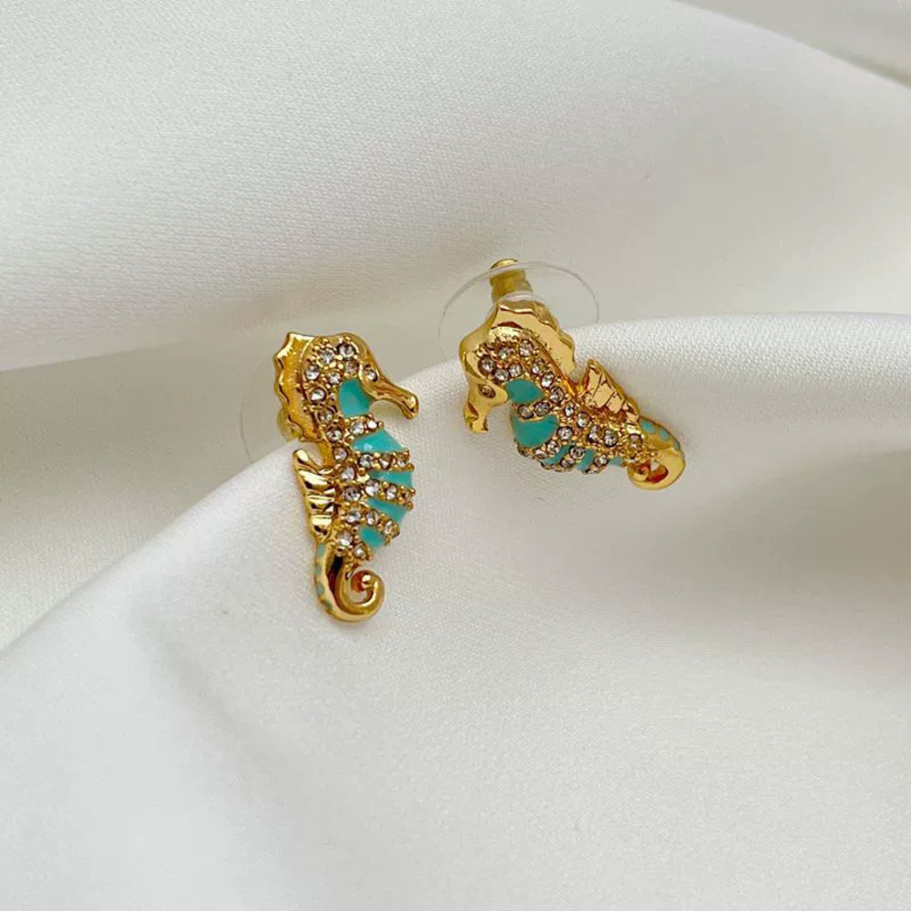Kendra Scott Ocean Blue Enamel Seahorse Stud Earrings Rhinestone
